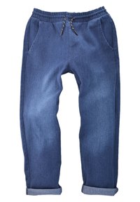 Blue denim jogger pants with elastic waistband, black and white drawstring, side pockets, and rolled cuffs.