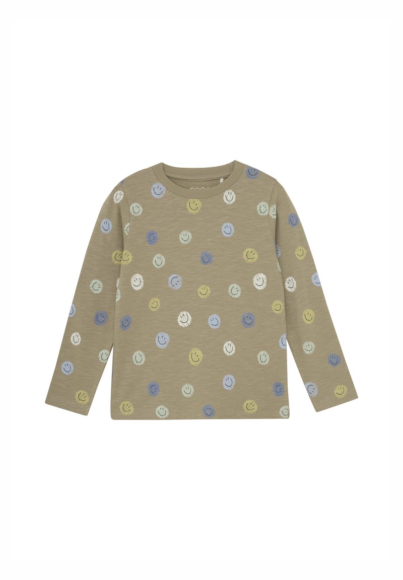 Langarm, olijfgroen shirt met een ronde halslijn, voorzien van een meerkleurig patroon van glimlachende gezichten in blauw, geel en wit.