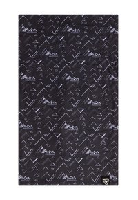 Czarny szal z tkaniny z białymi geometrycznymi wzorami górskimi i logo "Rossignol". Miękka tekstura z metką z logo.