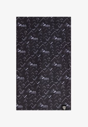 Czarny szal z tkaniny z białymi geometrycznymi wzorami górskimi i logo "Rossignol". Miękka tekstura z metką z logo.