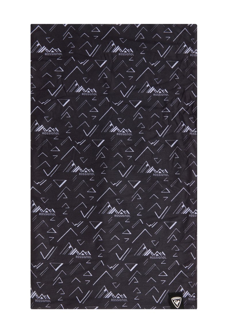 Czarny szal z tkaniny z białymi geometrycznymi wzorami górskimi i logo "Rossignol". Miękka tekstura z metką z logo.