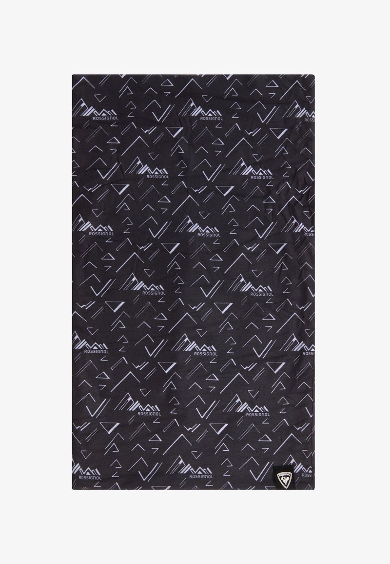 Czarny szal z tkaniny z białymi geometrycznymi wzorami górskimi i logo "Rossignol". Miękka tekstura z metką z logo.