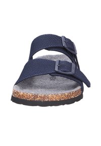 Infradito blu navy con due cinturini regolabili, soletta in sughero e suola in gomma; presenta una parte superiore in tessuto testurizzato e un rivestimento confortevole.