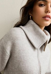 Suéter de punto gris claro con un cuello alto doblado y una cremallera. Presenta una tela texturizada y un diseño ajustado. Detalles de costura sutil.