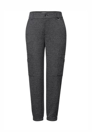 Pantalons cargo à motifs noir et blanc avec fermeture à bouton, deux poches latérales et une coupe décontractée avec des jambes fuselées.