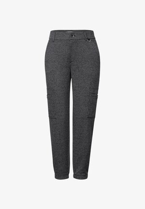 Pantalons cargo à motifs noir et blanc avec fermeture à bouton, deux poches latérales et une coupe décontractée avec des jambes fuselées.