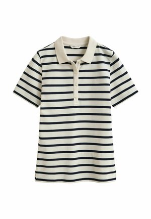 Polo a maniche corte con righe orizzontali crema e nere e patta del colletto con bottoni.