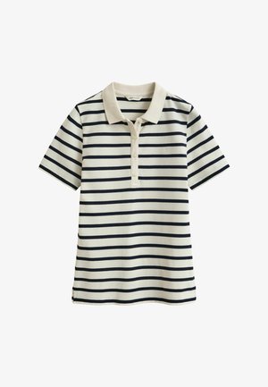 Kurzärmeliges Polohemd mit cremefarbenen und schwarzen horizontalen Streifen und einer geknöpften Kragenöffnung.