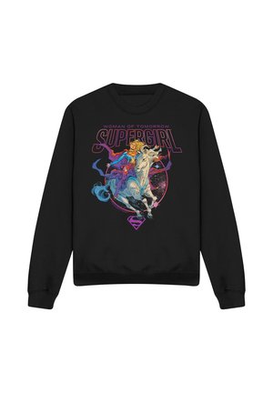 Black sweatshirt featuring Supergirl riding a white horse, with "Woman of Tomorrow SUPERGIRL" text and a pink Superman logo below.