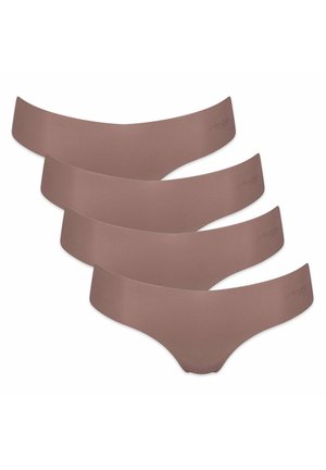 Vier nahtlose mauvefarbene Hipster-Damenslips, überlappend auf weißem Hintergrund angeordnet.