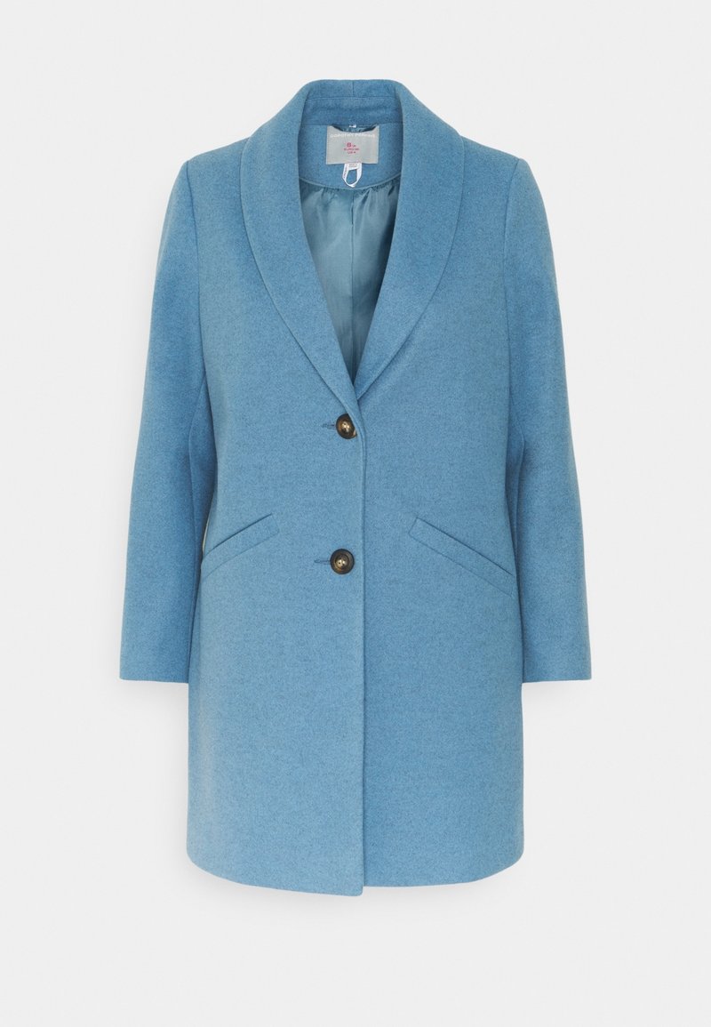 Light blue wool coat with a notched collar, two front pockets, three-quarter sleeves, and a single button closure. Smooth inner lining.