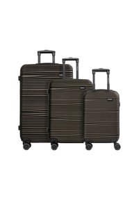 Trois valises rigides marron foncé avec des rayures horizontales, des poignées télescopiques et quatre roues pivotantes, disposées par taille.