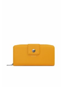 Yellow synthetic wallet with a smooth texture, a front snap closure, and a silver metal accent. Features the brand name "VUCH" on the front.