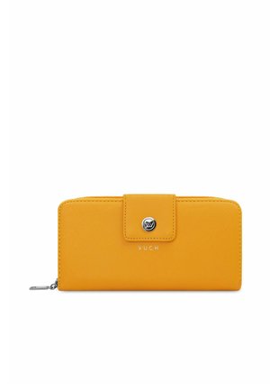 Yellow synthetic wallet with a smooth texture, a front snap closure, and a silver metal accent. Features the brand name "VUCH" on the front.