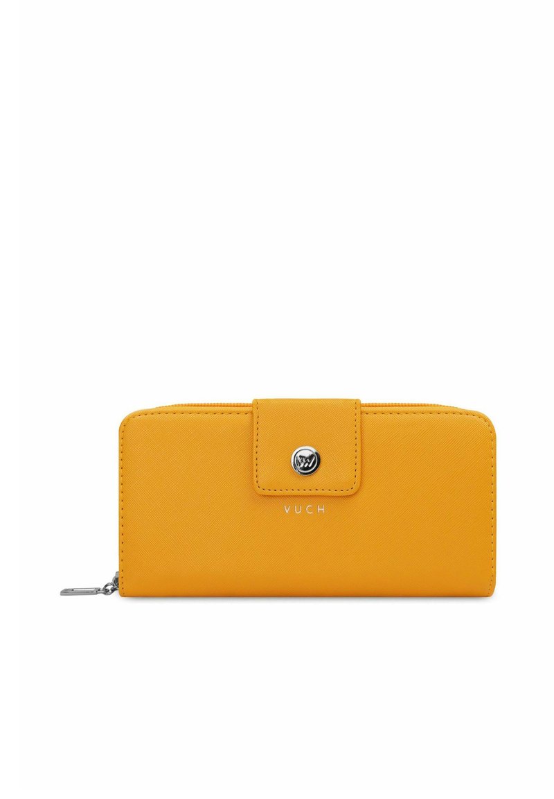 Yellow synthetic wallet with a smooth texture, a front snap closure, and a silver metal accent. Features the brand name "VUCH" on the front.