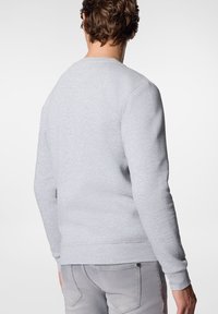 Szary sweatshirt, mieszanka bawełny, okrągły dekolt, ściągacze u rękawów i na dole, miękka tekstura, luźny fason, widok z tyłu ukazujący wzór i detale przeszycia.