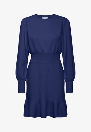 Navy blue knit dress with a round neckline, long puff sleeves, a fitted waist, and a flared hemline. Smooth texture throughout.