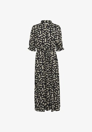 Dolga obleka s gumbi, izdelana iz lahkega blaga. Ima črno-bež geometrijski vzorec, kratke nabirane rokave in pas z vrvico.