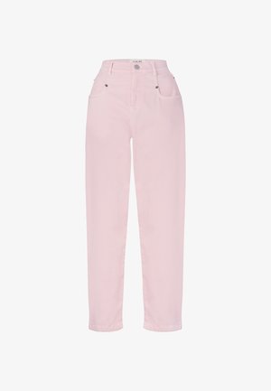 Jeans high-waisted di colore rosa chiaro realizzati in denim di cotone. Presentano due tasche frontali, chiusura con bottone metallico e design a gamba dritta.