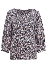 Blouse florale en marine avec un motif éparpillé de petites fleurs blanches et roses. Dotée d'un décolleté large et de manches bouffantes trois-quarts.