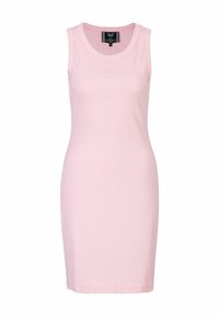 Rosa ärmelloses Kleid aus Stretchstoff, mit taillierter Silhouette, rundem Ausschnitt und glatter Textur.