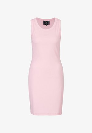Roze mouwloze jurk gemaakt van rekbare stof, met een aansluitende pasvorm, ronde halslijn en een zachte textuur.
