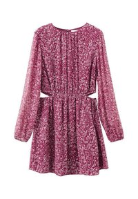 Robe à manches longues bordeaux avec motifs cachemire et floraux blancs, dotée d'une taille élastique et de découpes latérales.