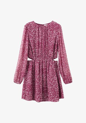 Haljina s dugim rukavima u boji burgundca s bijelim paisley i cvjetnim uzorcima, s elastičnim strukom i izrezima sa strane.