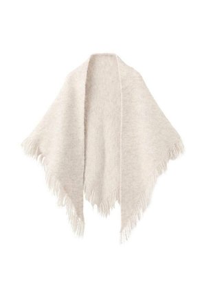 Lys beige sjal lavet af blødt, tekstureret stof, med en triangulær form og frynsekanter for et delikat finish.
