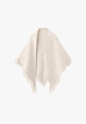 Lichtbeige sjaal van zacht, gestructureerd materiaal, met een driehoekige vorm en franjes aan de randen voor een verfijnde afwerking.