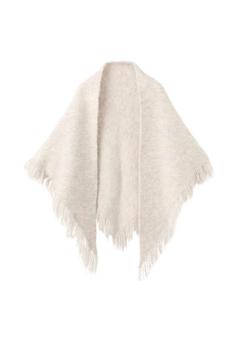 Sciarpa leggera color beige chiaro, realizzata in tessuto morbido e texture, con una forma triangolare e bordi frangiati per un tocco delicato.