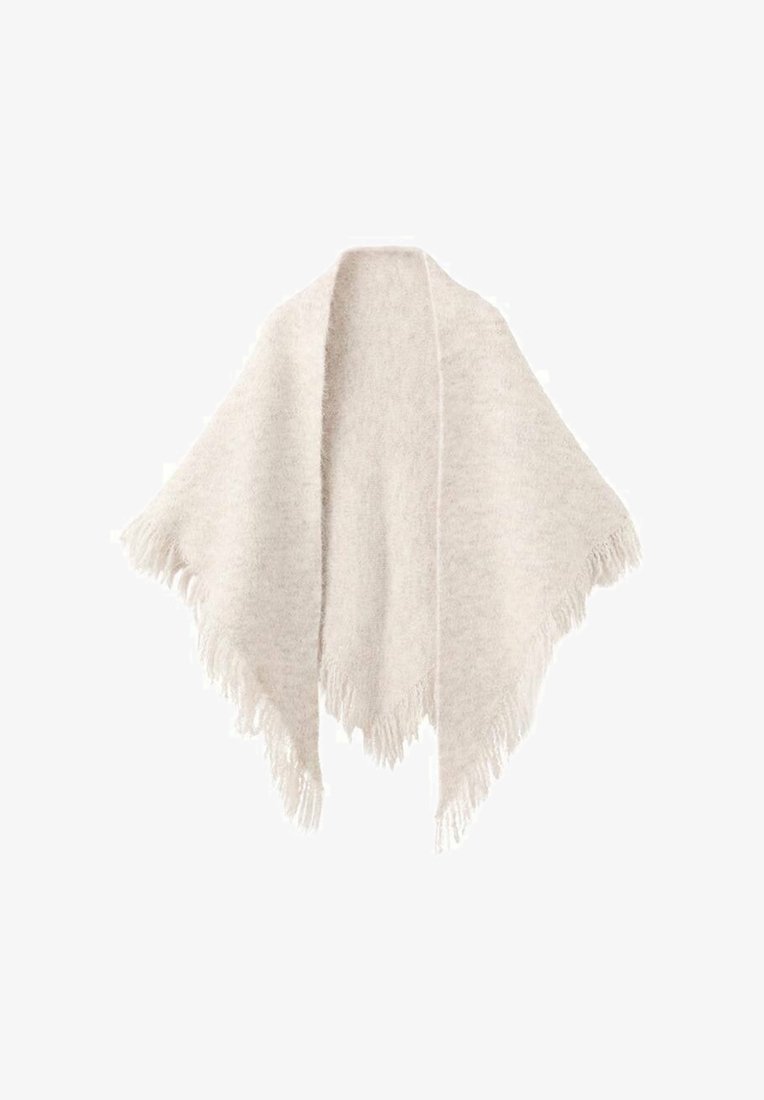 Sciarpa leggera color beige chiaro, realizzata in tessuto morbido e texture, con una forma triangolare e bordi frangiati per un tocco delicato.