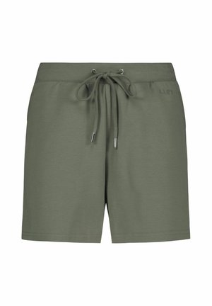 Oliivirohelised vabaajashortsid elastse vöökohaga ja paelaga, millel paremal küljel pisike tikk-kiri.