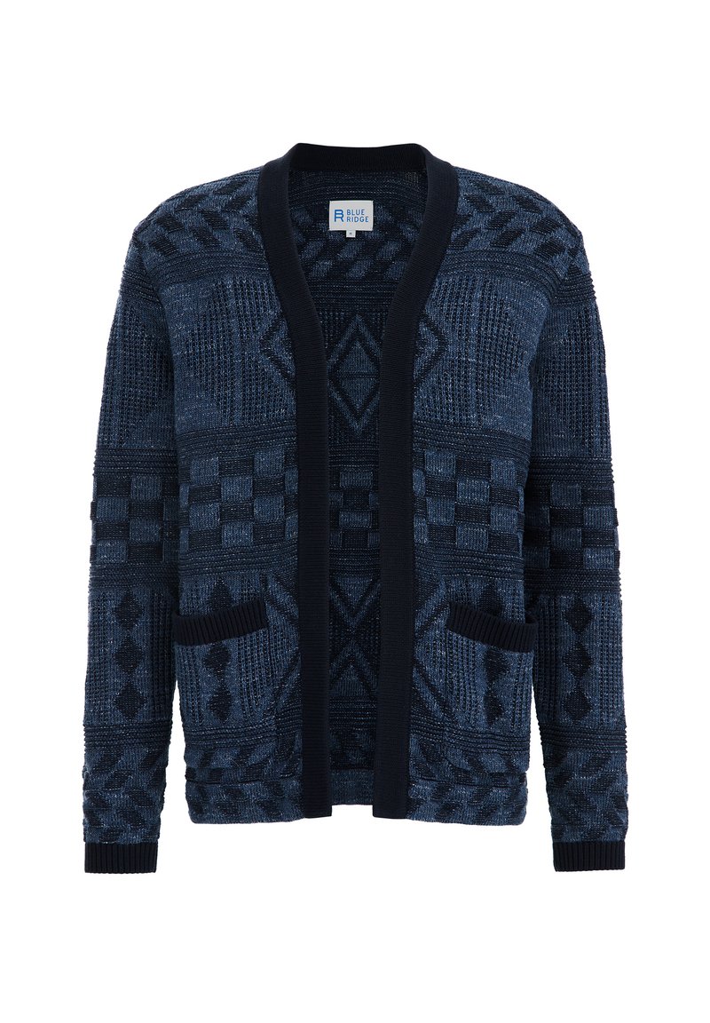 Marineblauwe cardigan met geometrische patronen, geribde manchetten en zakken, open ontwerp en gestructureerde gebreide stof.
