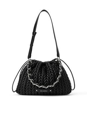 Black quilted leather handbag with silver chain handle, adjustable shoulder strap, and "Karl Lagerfeld" logo plaque on front.