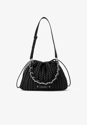 Sort quiltet læderhåndtaske med sølvkædehåndtag, justerbar skulderrem og "Karl Lagerfeld" logo-plade foran.