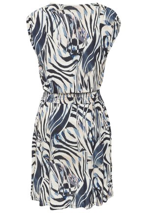 Sleeveless dress with abstract zebra-inspired pattern in black, white, blue, and beige, featuring an elastic waistband and knee-length hem.