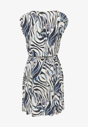 Sleeveless dress with abstract zebra-inspired pattern in black, white, blue, and beige, featuring an elastic waistband and knee-length hem.