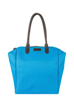 Blauer Tragetasche aus strukturiertem Stoff, mit dunkelbraunen Ledergriffen und Reißverschluss oben.