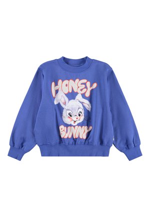 Sweatshirt bleu à manches longues, avec des bords côtelés aux poignets et à l'ourlet. Présente un graphisme d'un lapin en dessin animé avec le texte "HONEY BUNNY" en lettres grasses.