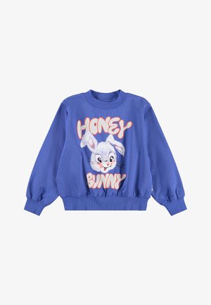 Sweatshirt bleu à manches longues, avec des bords côtelés aux poignets et à l'ourlet. Présente un graphisme d'un lapin en dessin animé avec le texte "HONEY BUNNY" en lettres grasses.