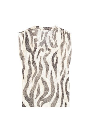 Top sin mangas en color crema con estampado abstracto de animales en negro y gris. Diseño de escote en V con tela texturizada, presenta patrones ondulados por todo el tejido.