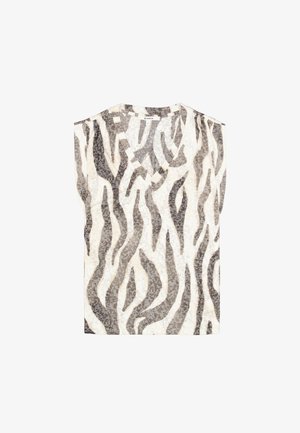 Haut sans manches de couleur crème avec imprimé animal abstrait en noir et gris. Design décolleté en V avec tissu texturé, présentant des motifs ondulés sur l'ensemble.