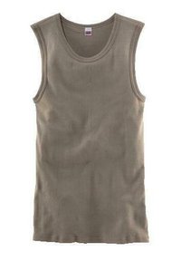 Ärmelloses Tanktop in einem gedämpften Olivgrün, aus weichem Baumwollmaterial gefertigt, mit Rundhalsausschnitt und einem schlichten, taillierten Design.