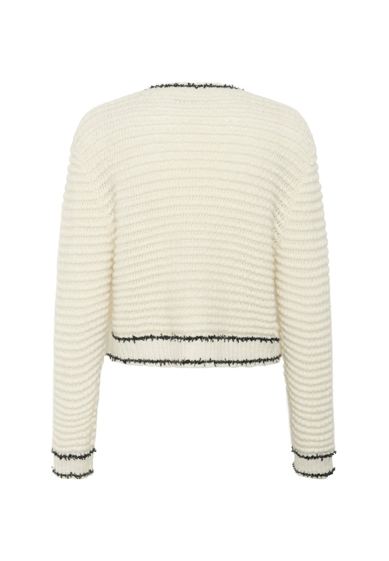 Weißer, gestrickter, kurz geschnittener Pullover mit gerippter Textur, langen Ärmeln und schwarzem Besatz an den Kanten. Keine sichtbaren Knöpfe oder anderen Verschlüsse.