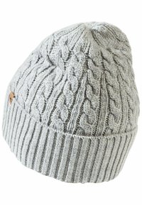 Cable-knit gray beanie with a ribbed band, crafted from soft yarn. Features a textured design and a small leather logo accent.