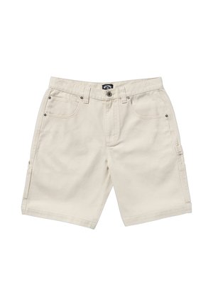 Pantalones cortos cargo beige con dos bolsillos frontales, dos bolsillos laterales y cierre de cremallera. Hechos de una tela resistente, con detalles metálicos.