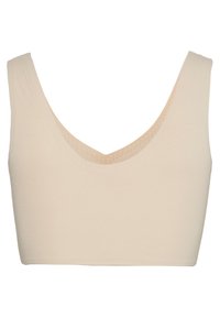 Beige crop top with a V-neck design, made from smooth fabric, featuring a textured band around the neckline, and no visible fastenings.