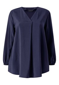 Blouse bleu marine à manches longues avec un col en V, un front plissé et un tissu texturé. Elle a des poignets froncés et une coupe décontractée pour plus de confort.
