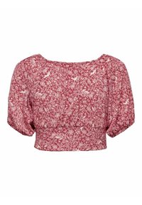 Rotes Blumen-Croptop mit Puffärmel. Aus leichtem Stoff gefertigt, mit einem weißen botanischen Druck und einem gerafften Taillen-Design.